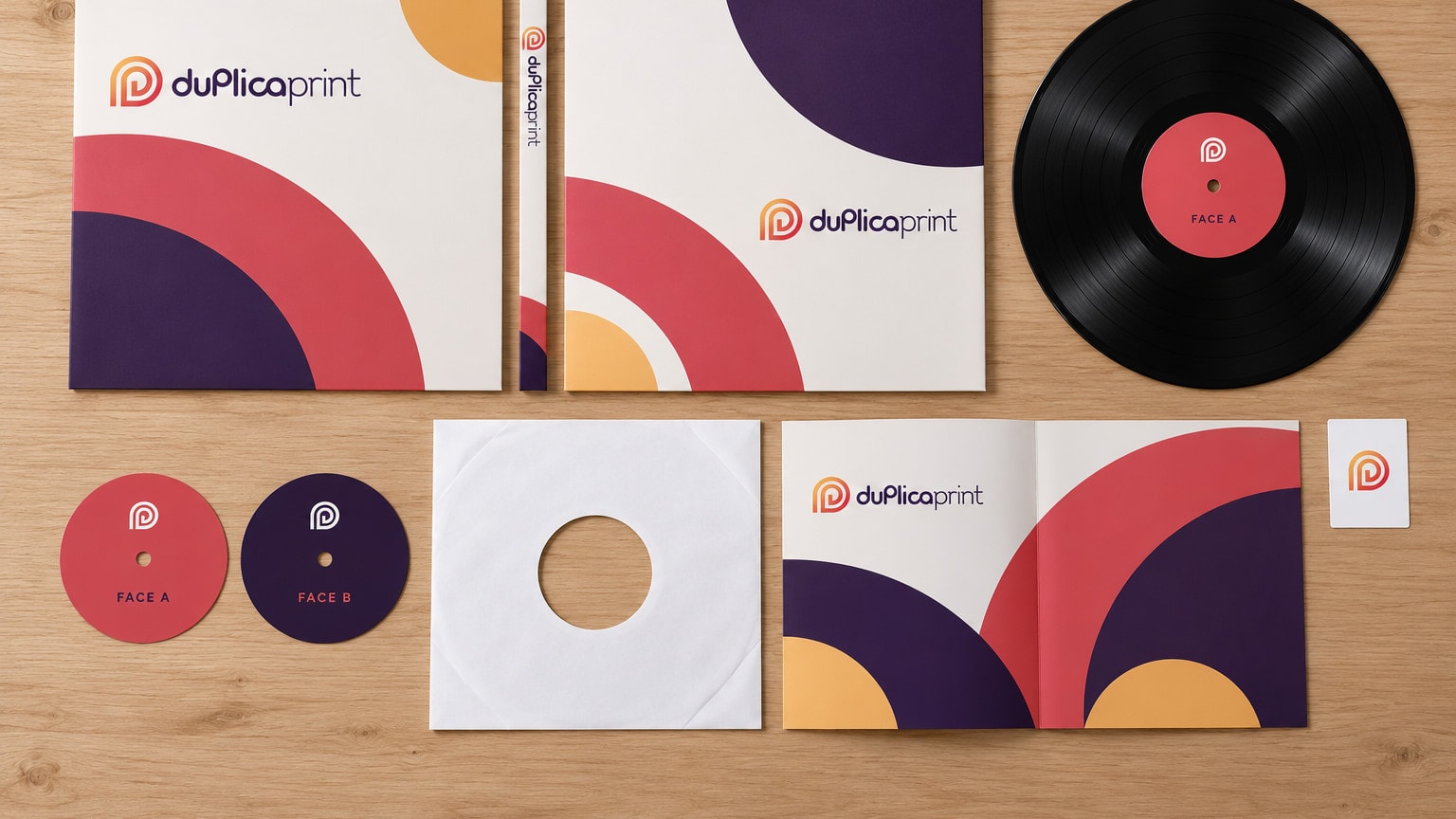 Éléments imprimés d’un vinyle à plat : pochette extérieure dépliée, labels face A et face B, pochette intérieure, insert et sticker