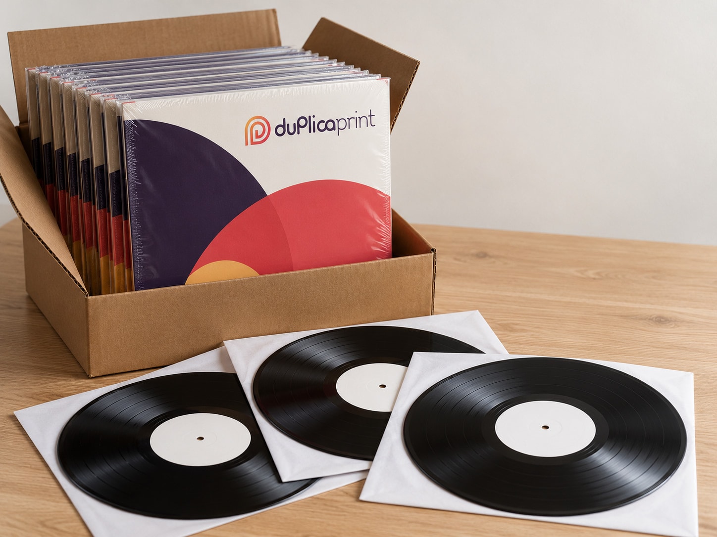 Carton de vinyles sous cellophane et trois disques noirs à label blanc sur leurs pochettes intérieures